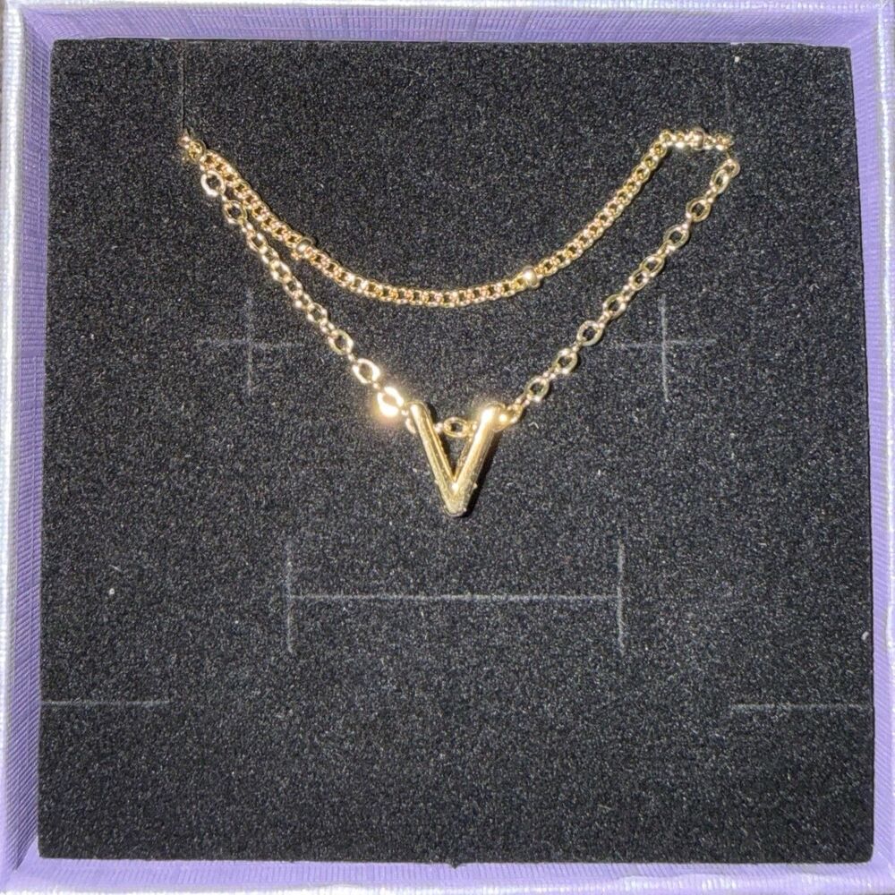 ASCOMY Gold Tone Layered Cable Chain Necklace Letter V Charm Pendant